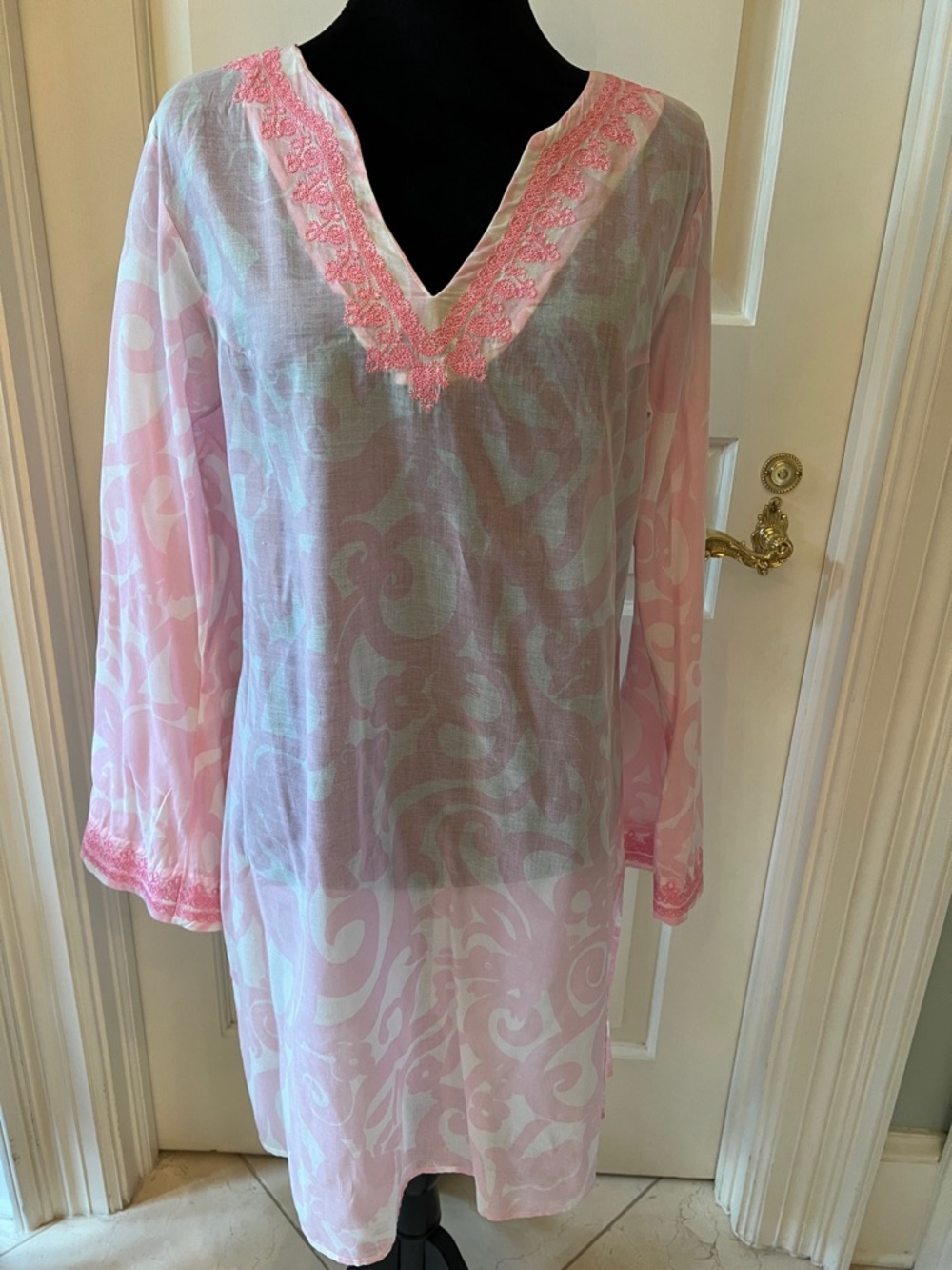 Lilly Pulitzer Pink & White Embroidered V-Neck Tunic